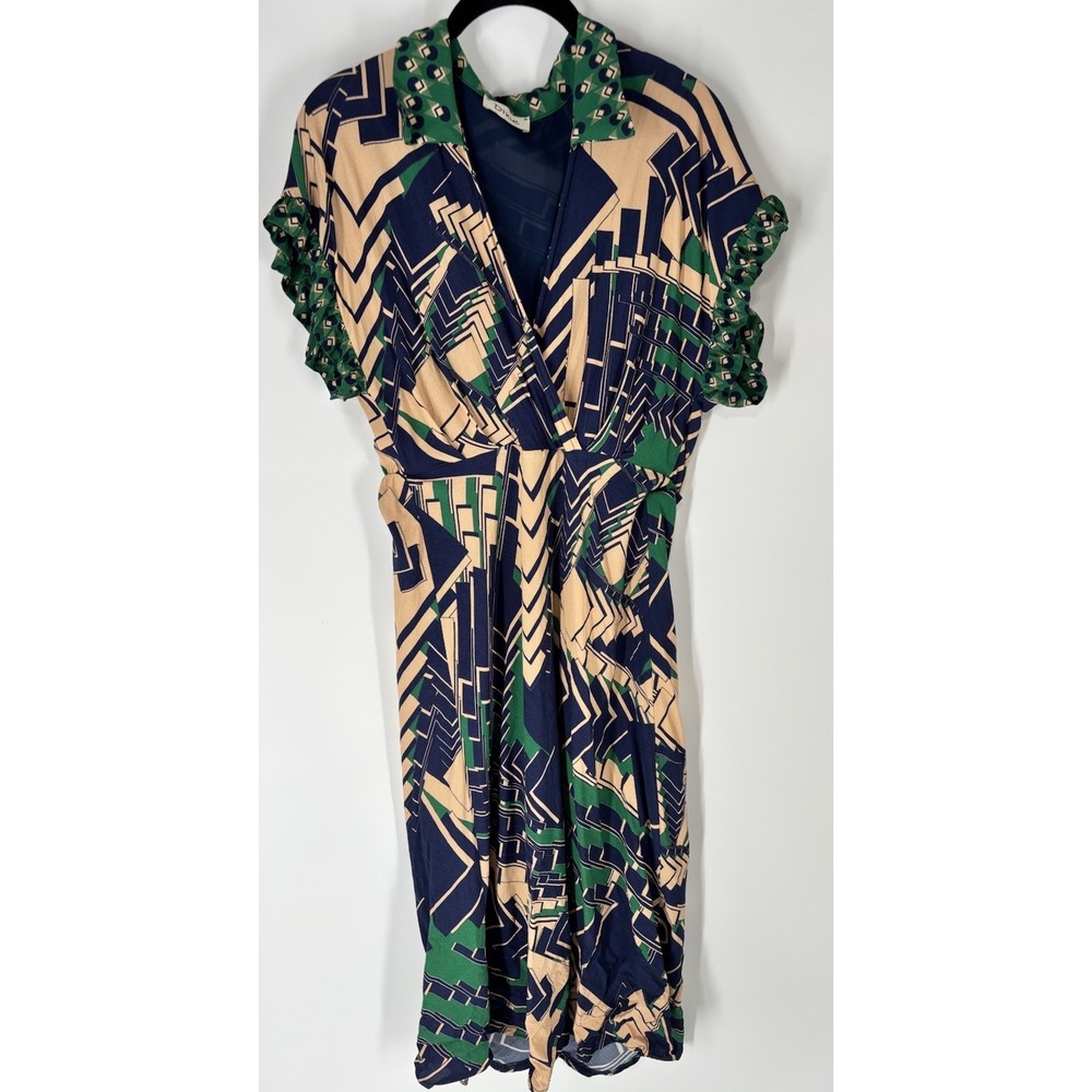 Dixie Firenze Sz S‎ Art Deco Geometric Faux Wrap Midi Dress Statement Whimsical